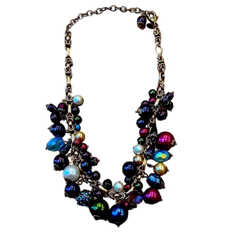 Chicos bobble bead gold blue pink Pearl purple statement necklace
